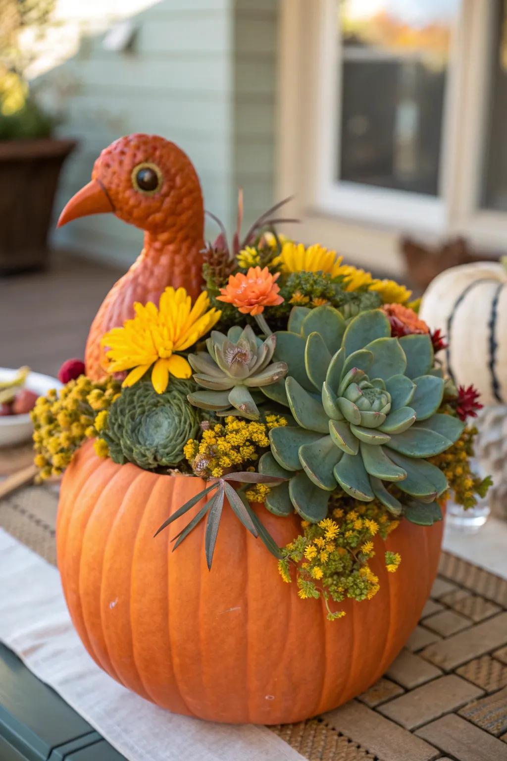 Combine greenery and festivity with a pumpkin turkey planter.