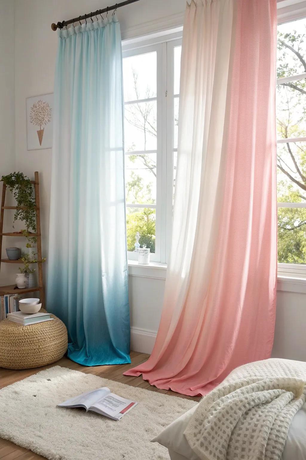 Add serenity to your bedroom with silk ombre curtains, creating a calming gradient effect.