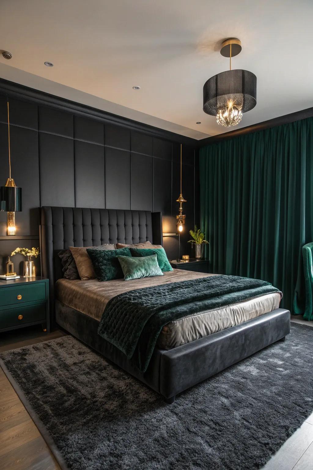 Jewel tones bring luxurious color and elegance to your black bedroom. #LuxuryLiving #BoldInteriors 💎
