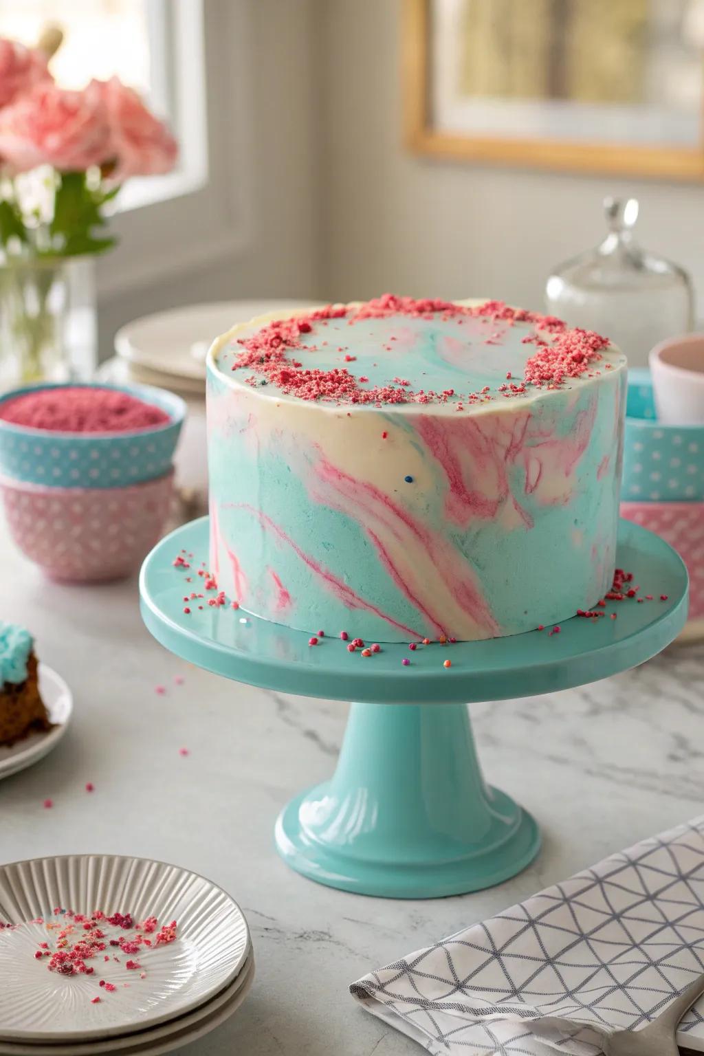 A marble effect cake with sprinkles offers a sophisticated yet playful touch to the celebration.