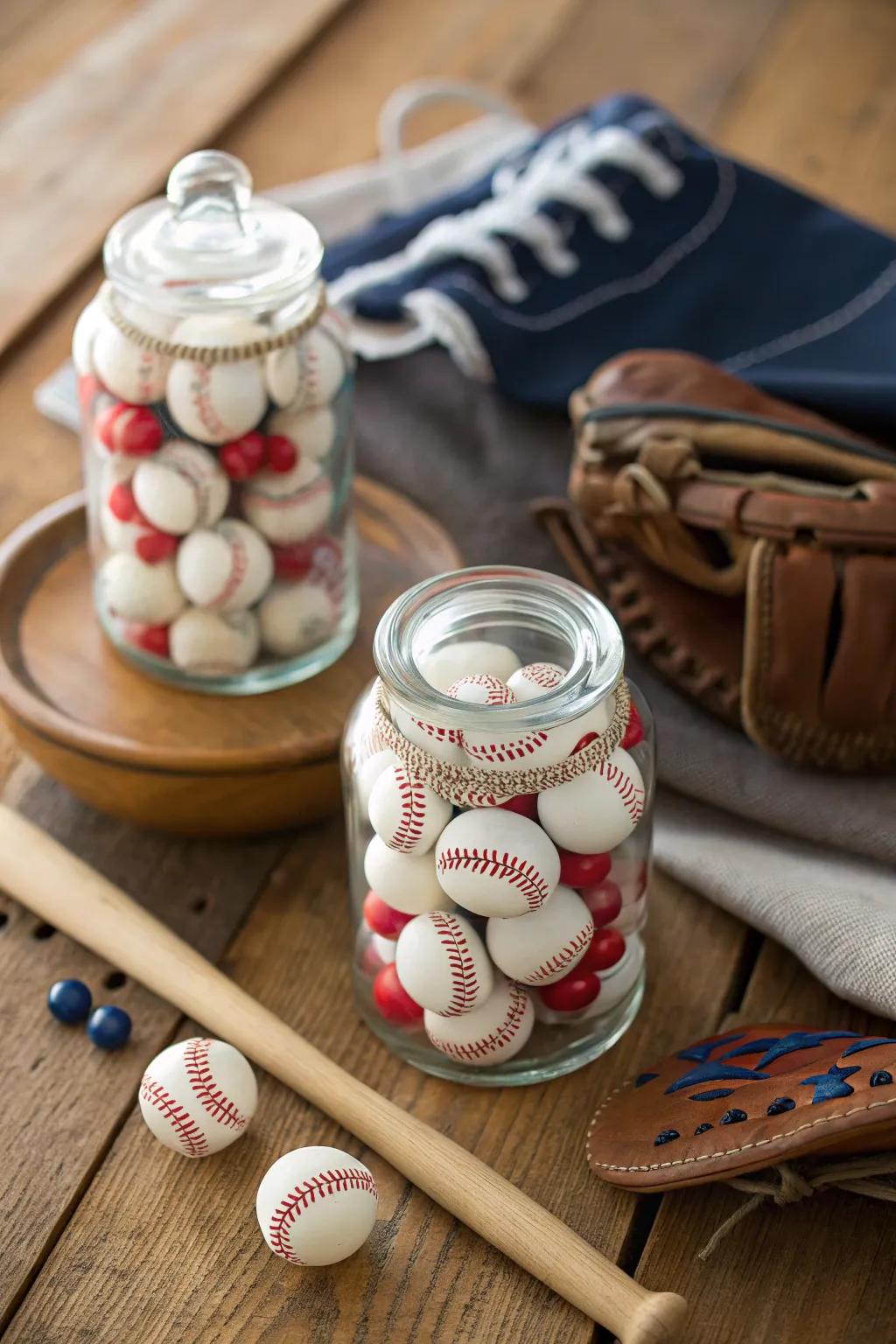 Delight your guests with themed candy jars that double as sweet centerpieces. 🍬⚾️ #SweetTreats #PartyDecor