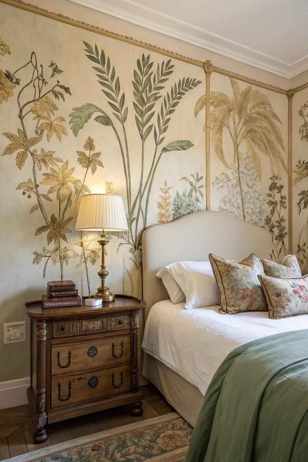 Infuse your bedroom with nostalgic elegance using a vintage botanical mural that tells a story of nature's beauty.