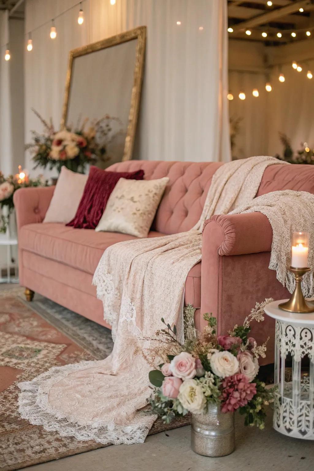 Create a romantic retreat with a blush couch and dreamy floral accents. 🌹 #RomanticDecor #DreamySpaces
