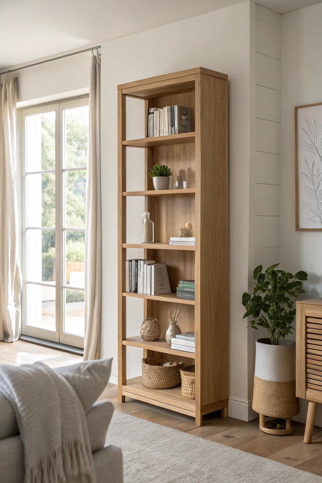 Enhance your space with open-back bookshelves that offer a light, airy touch.