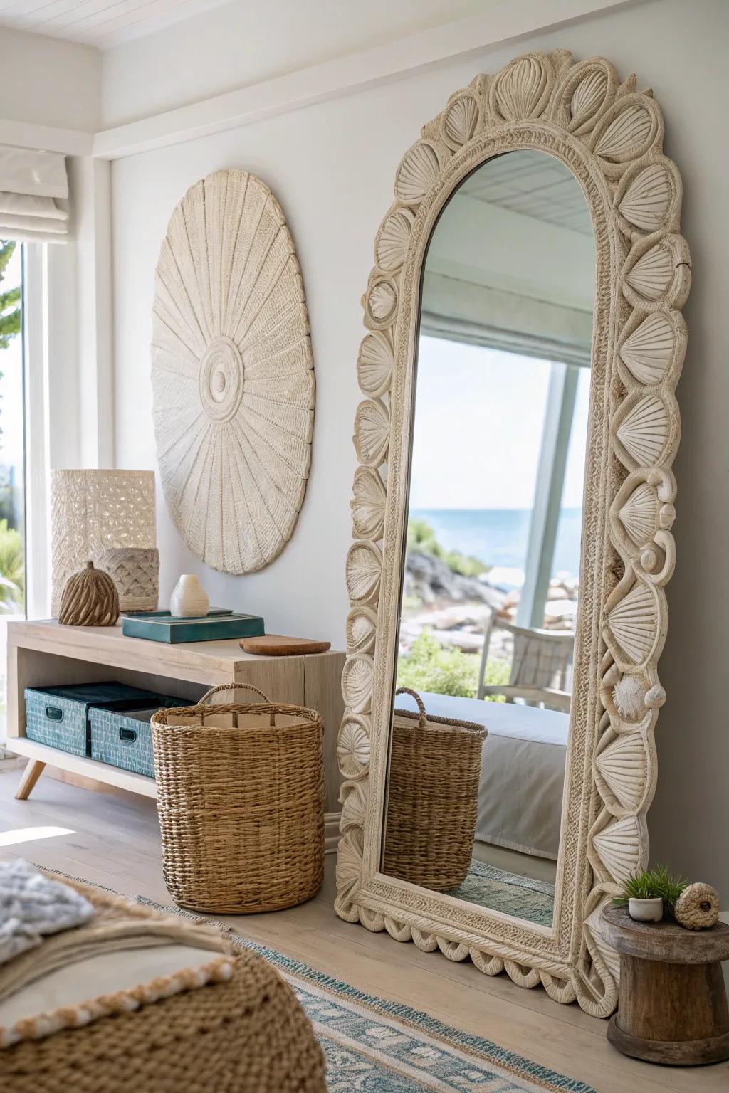 Make a bold statement with mirrors that feature intricate shell art designs.