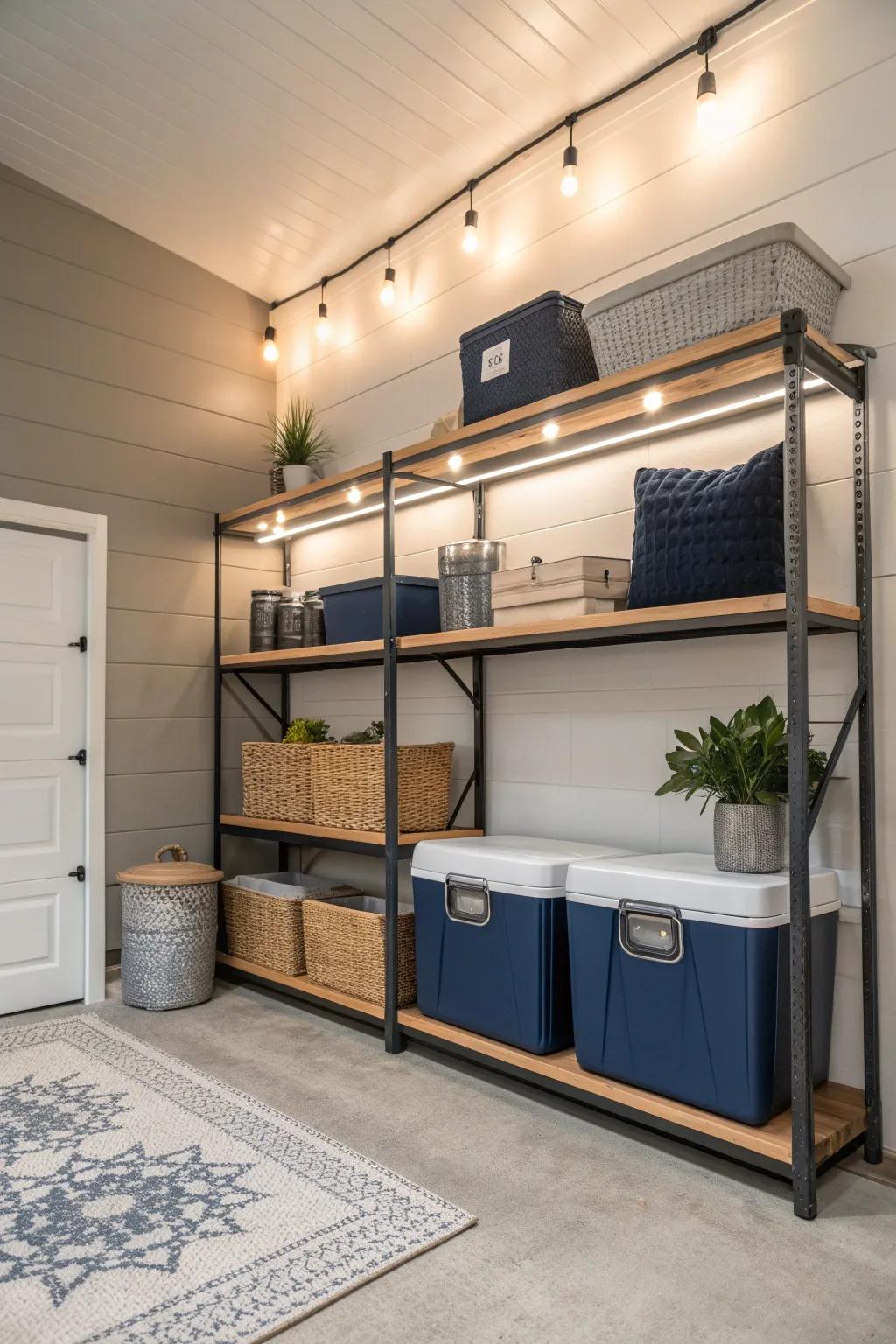 Utilize every corner with smart shelving solutions for your coolers. #CornerStorage #GarageMakeover