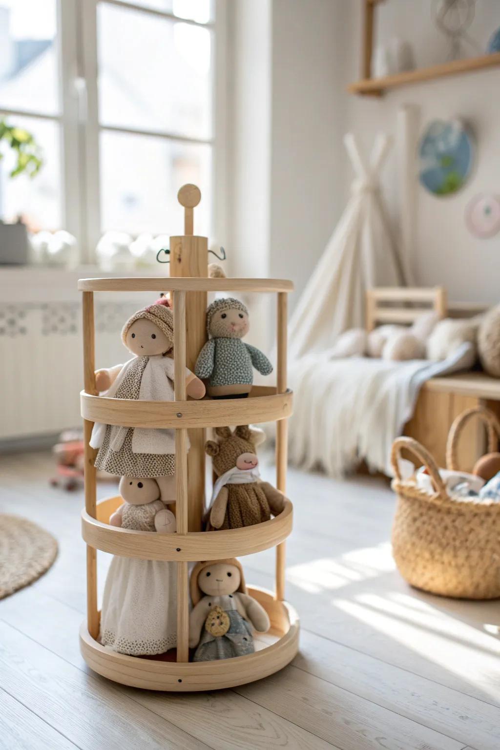 A rotating display brings movement and excitement to your doll collection.