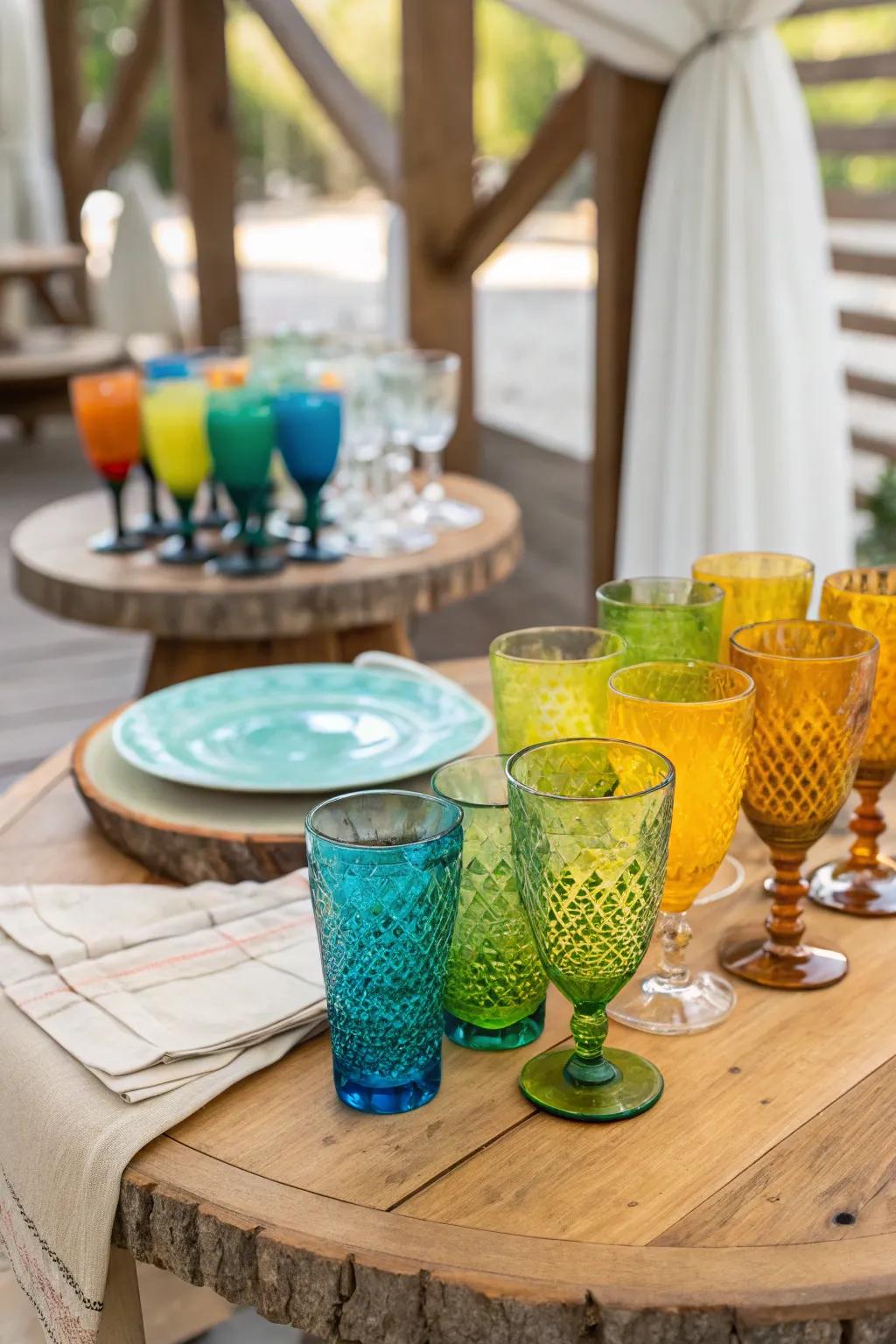 Colorful glassware adds a splash of fun and vibrancy to your drink setup.