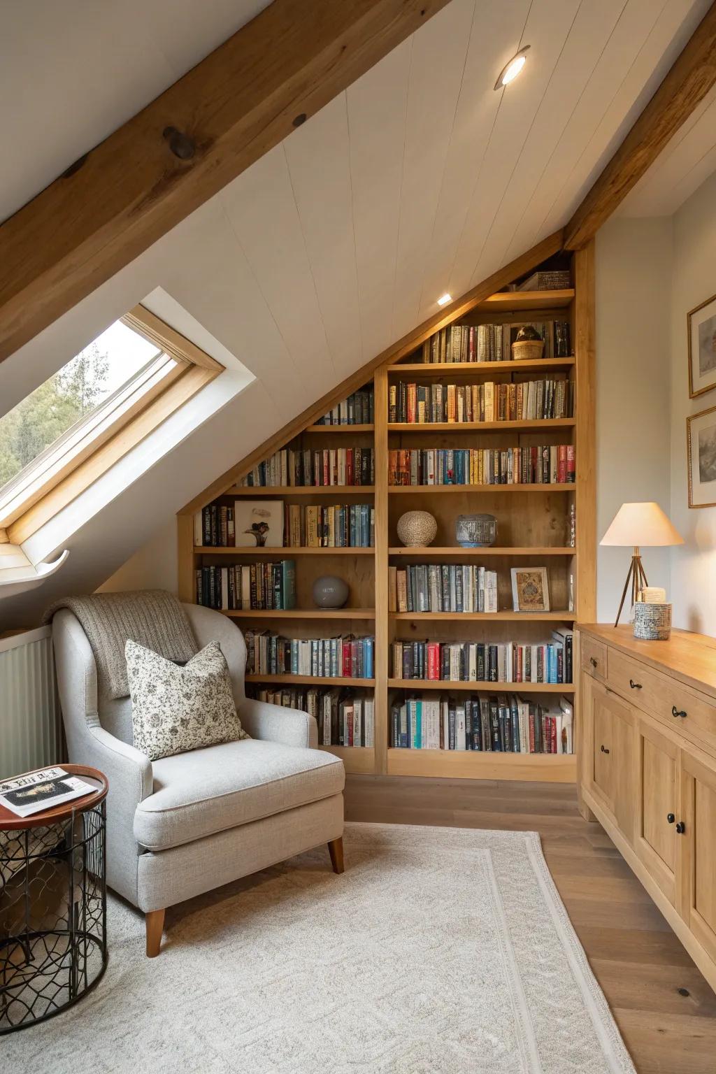 Create a cozy home library under the eaves, perfect for book lovers seeking a quiet retreat.