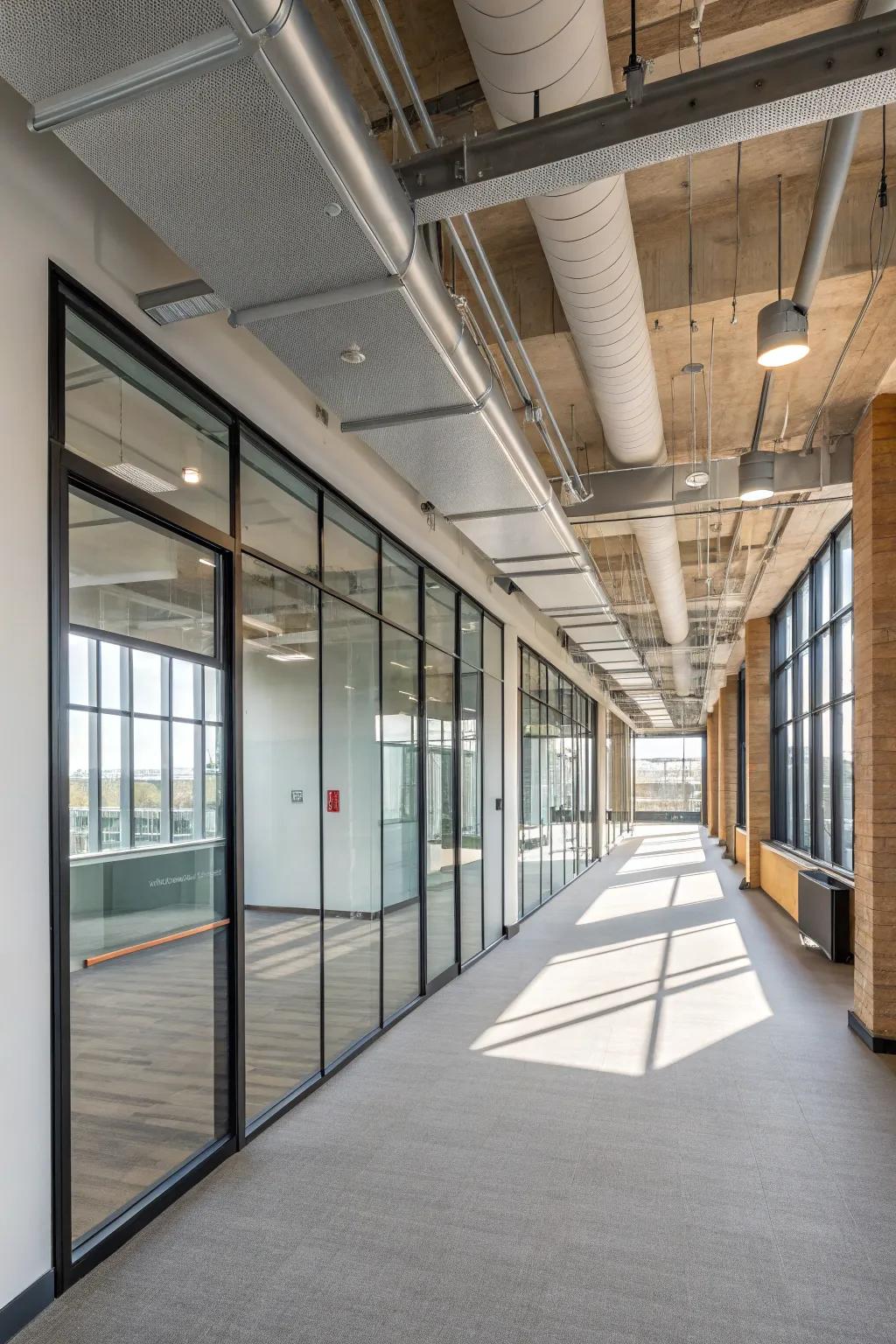 Glass partitions offer transparency and style, highlighting exposed ductwork. 🏢💫 #ModernLiving #TransparentDesign #RoomDividers