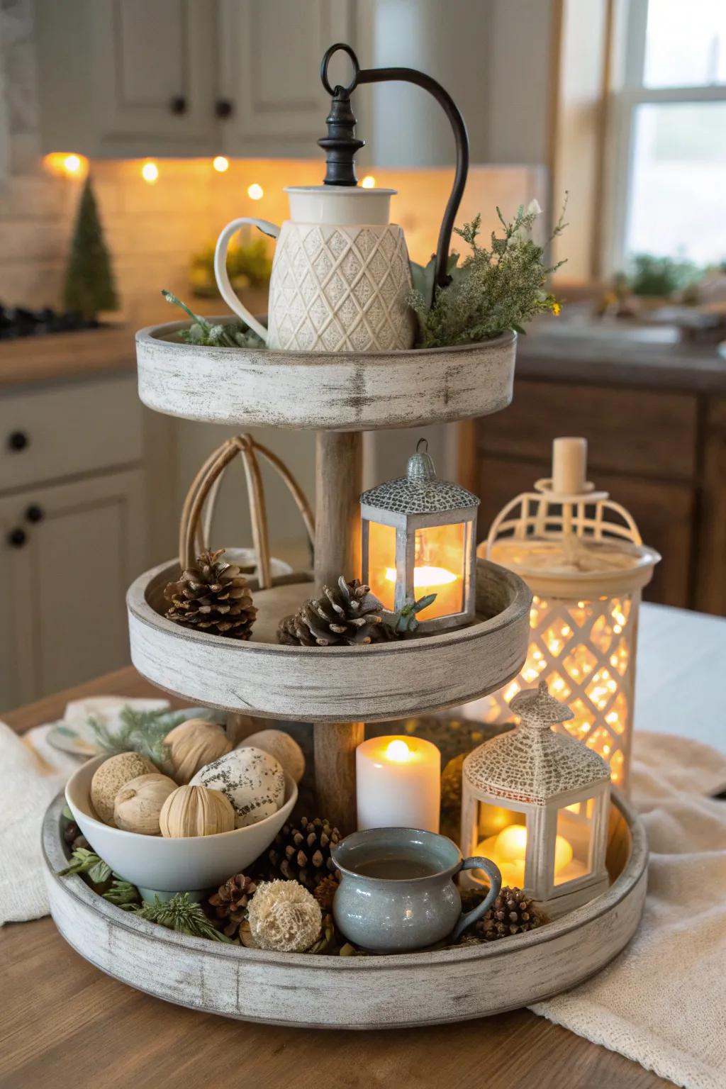 Add a touch of magic with surprising elements that light up your farmhouse tiered tray.