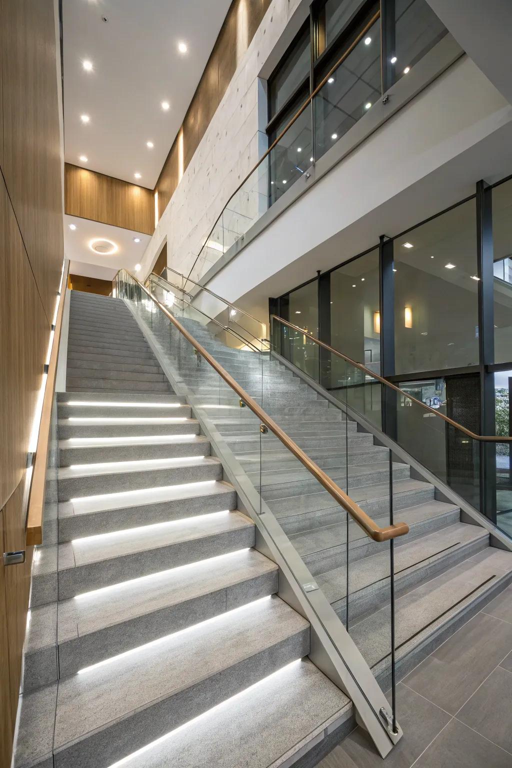 Surprise and delight with grey glass panels that add a modern edge to your staircase. #GlassDesign #InnovativeInteriors