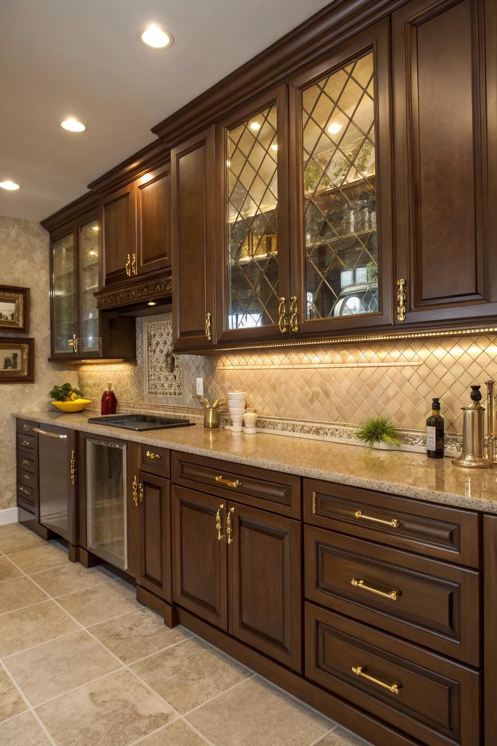 Reflective surfaces add a modern touch and amplify light in your kitchen with brown cabinets.