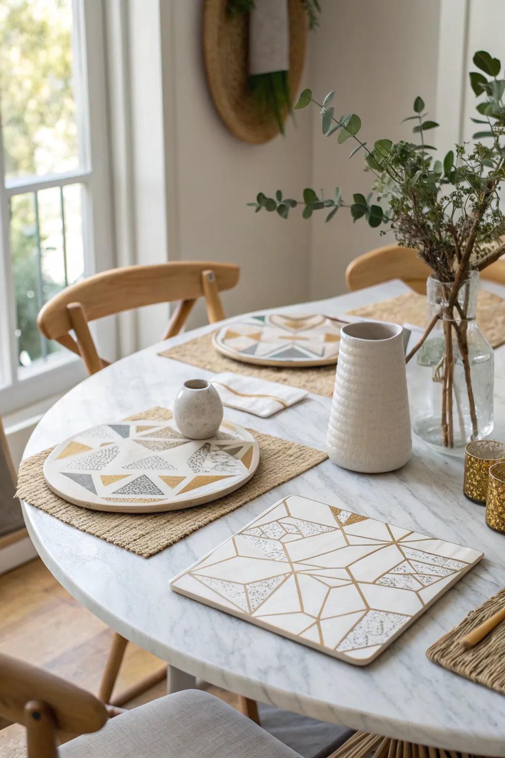 Add a modern twist with geometric patterns on your marble dining table.