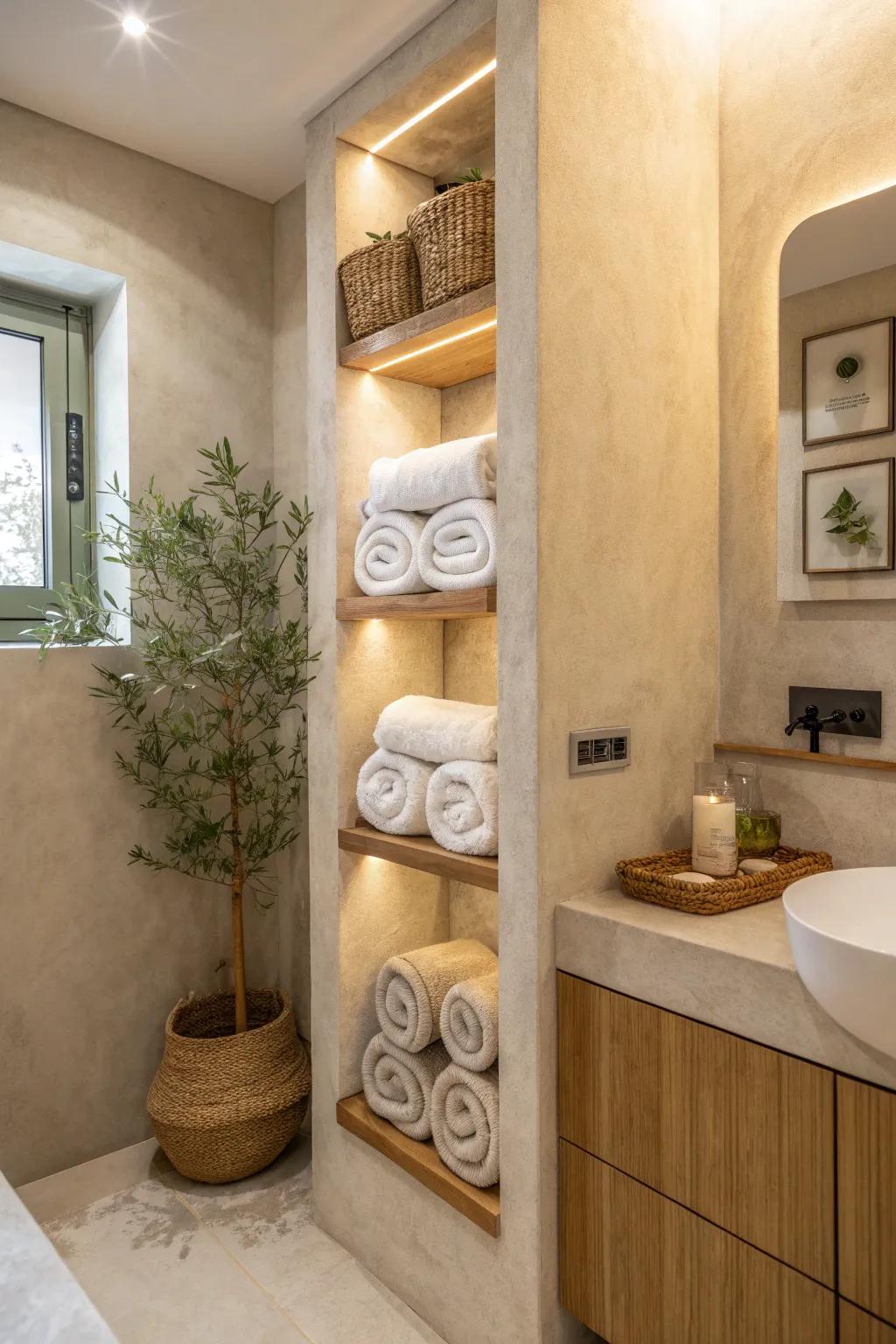 Keep it clean and functional with built-in storage solutions in your microcement bathroom.