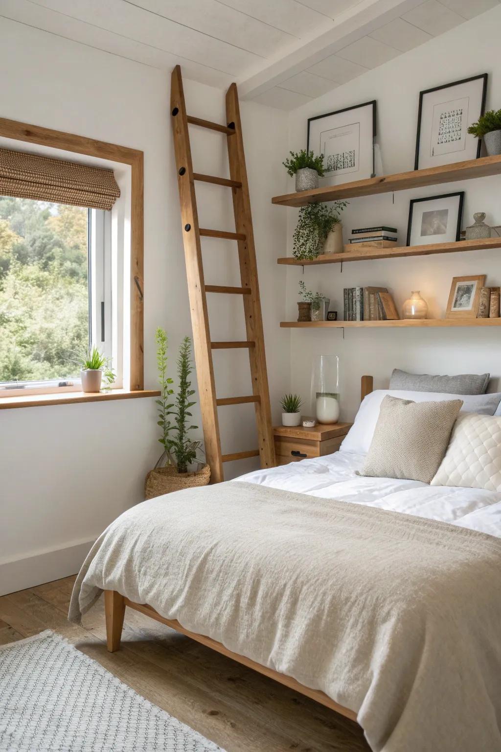 Vintage ladder shelves bring charm and warmth to your bedroom decor.