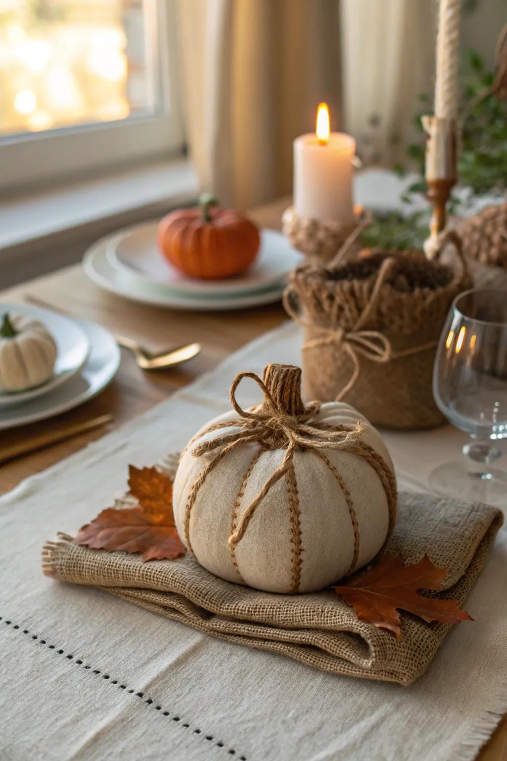 Embrace rustic charm with a burlap-wrapped pumpkin turkey.
