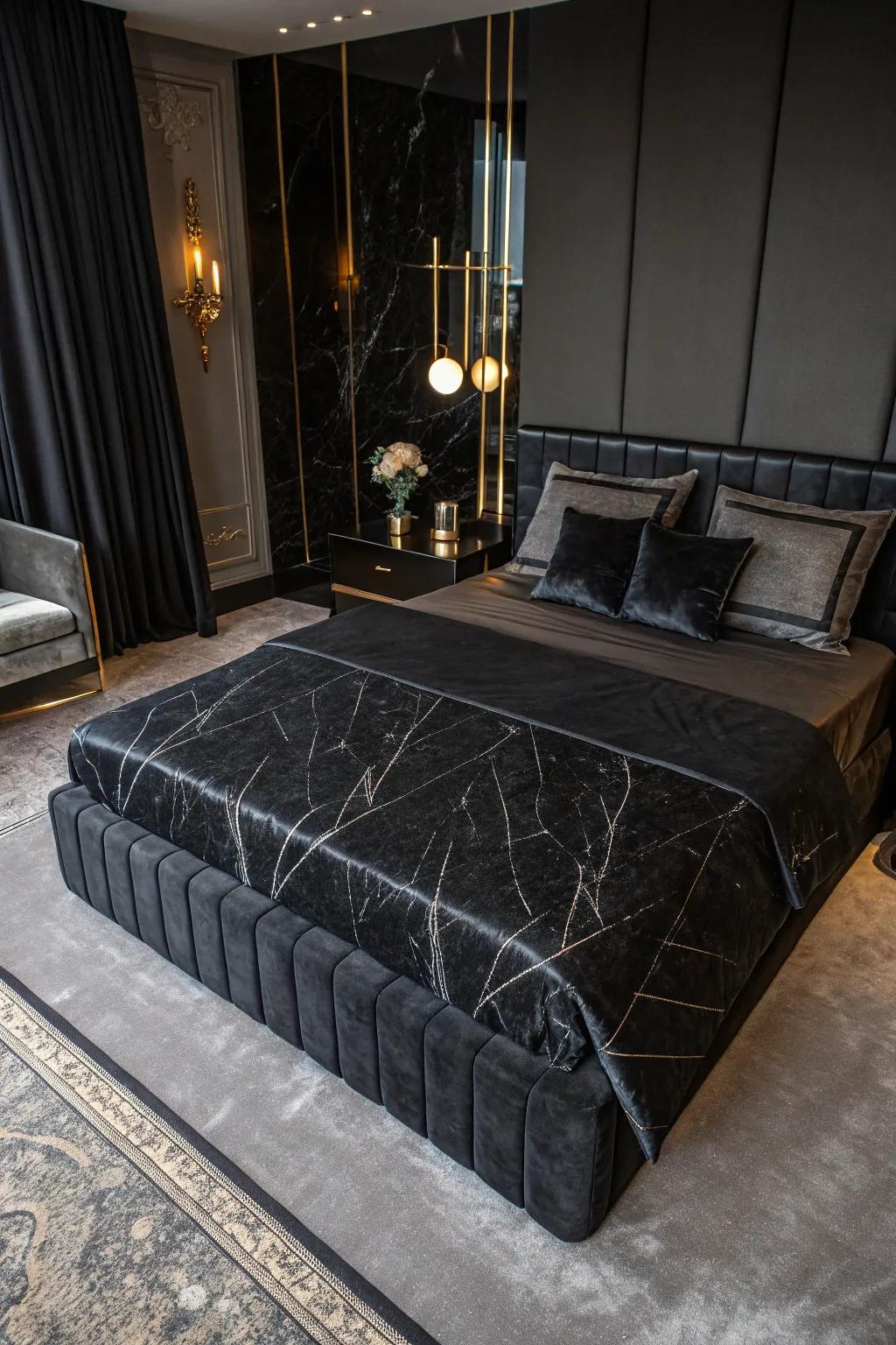 Black stone elements add natural elegance and texture to your moody bedroom.