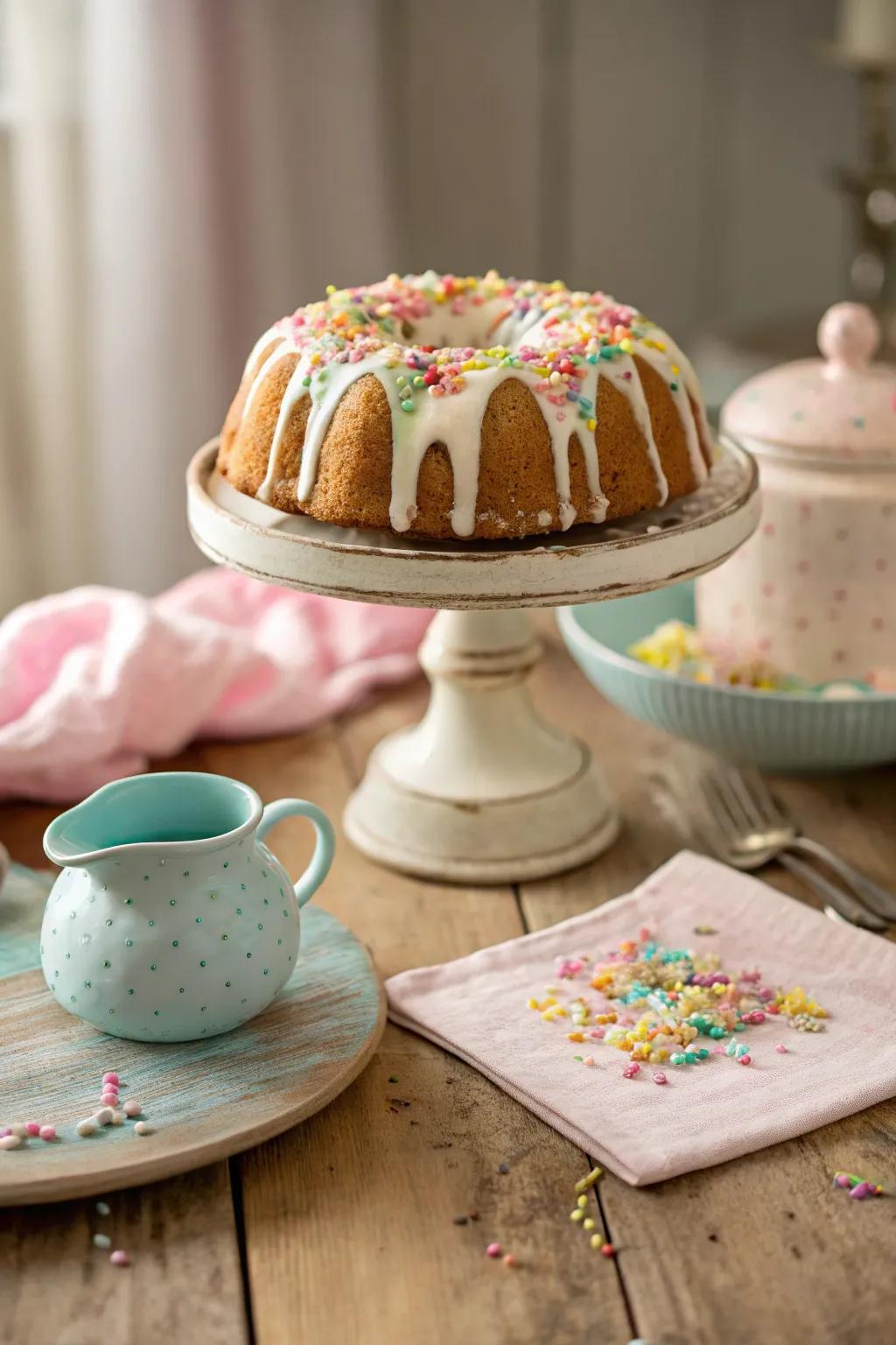 A bundt cake with a sprinkle glaze is a charming addition to any cozy gathering.
