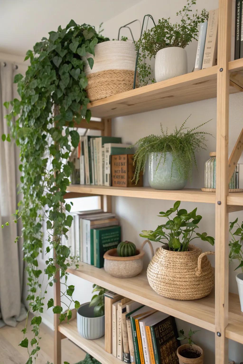 Breathe life into your bookshelves by layering them with lush green plants. 🌿 #PlantDecor #ShelfStyling