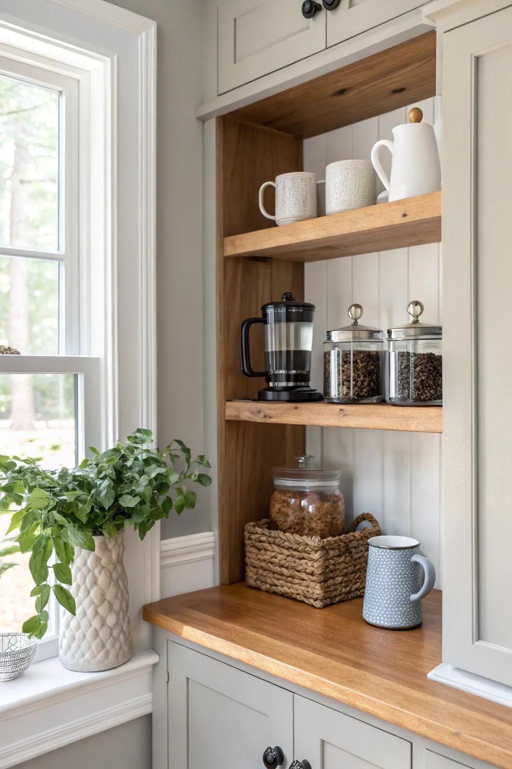 Start your day right with a cozy hutch coffee station that feels like a personal cafe. #CoffeeLovers #KitchenInspo