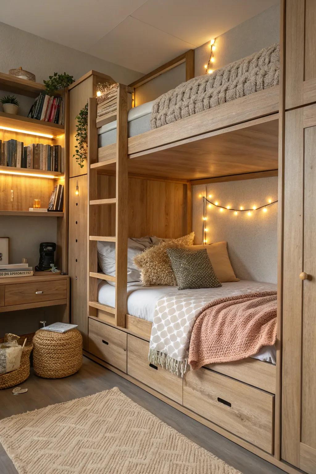 Illuminate your space with integrated lighting, perfect for a cozy bedtime atmosphere.