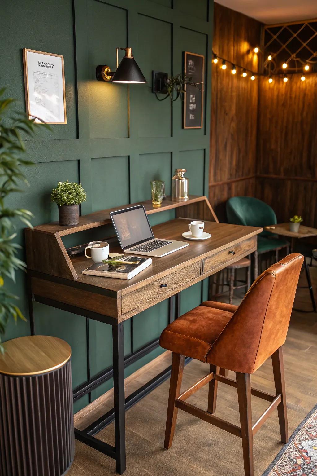 Elevate your style with a bar-height desk that combines work and social spaces.