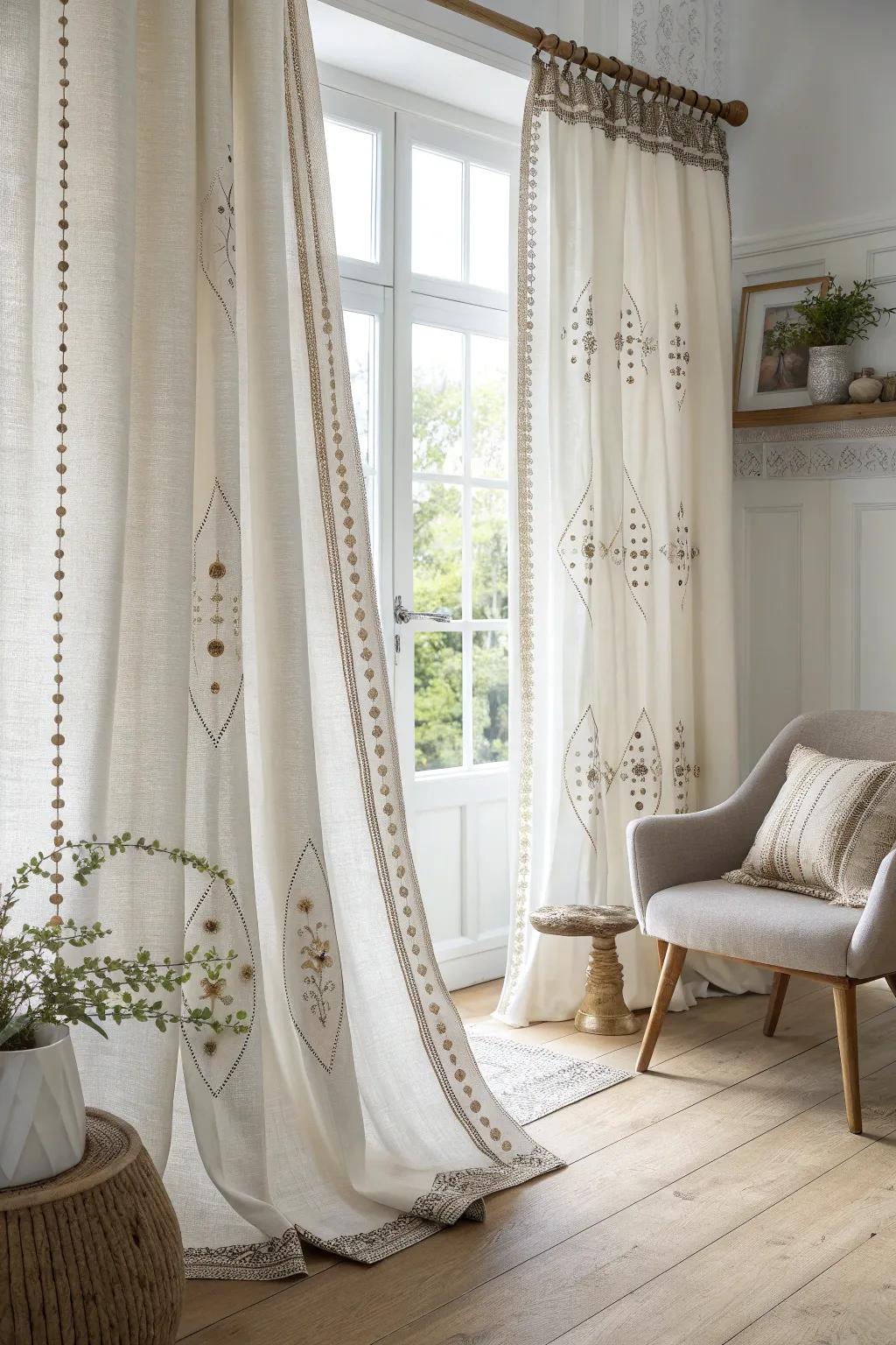 Transform your drapes into a unique masterpiece with custom embellishments that reflect your personal style.