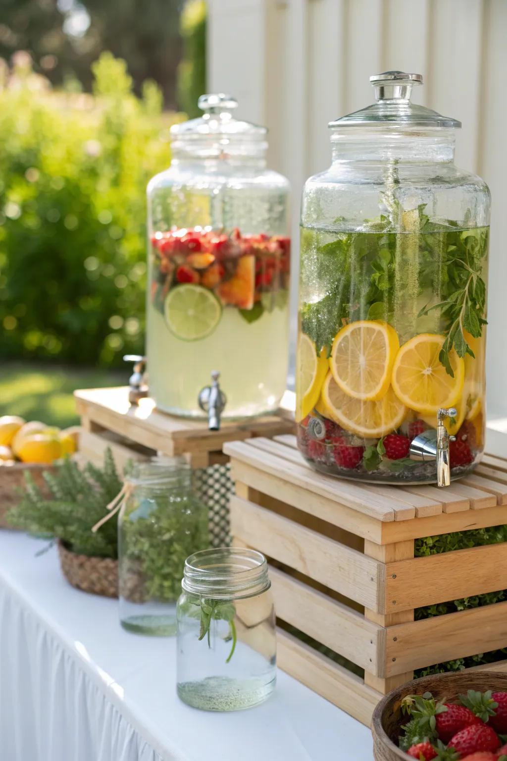 Stay refreshed with a DIY infused water station, offering delightful flavors for all.