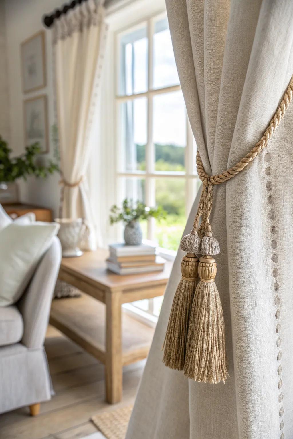 Tassel tiebacks add character and elegance, elevating farmhouse window treatments.