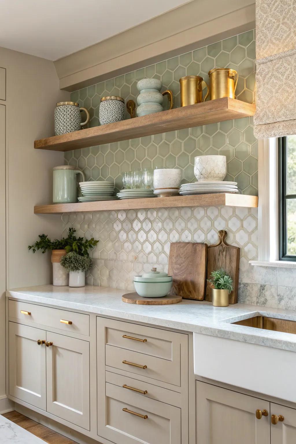 Let your backsplash shine as a beautiful backdrop with integrated open shelving.