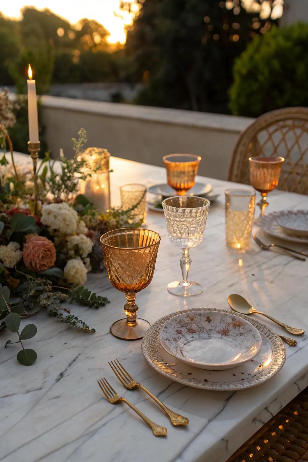 Add sparkle and nostalgia with vintage glassware on your marble dining table.