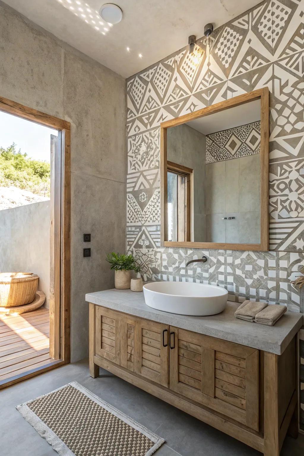 Elevate your bathroom design with subtle geometric patterns on microcement surfaces.