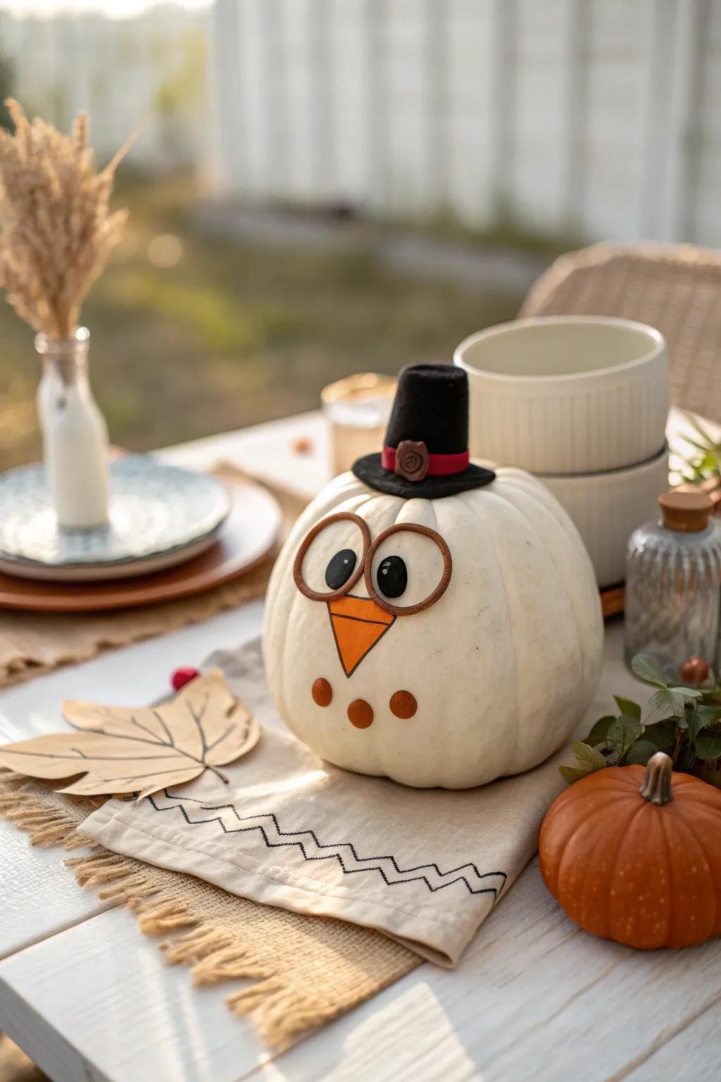 Bring a smile with a theatrical pumpkin turkey that adds character to your decor.