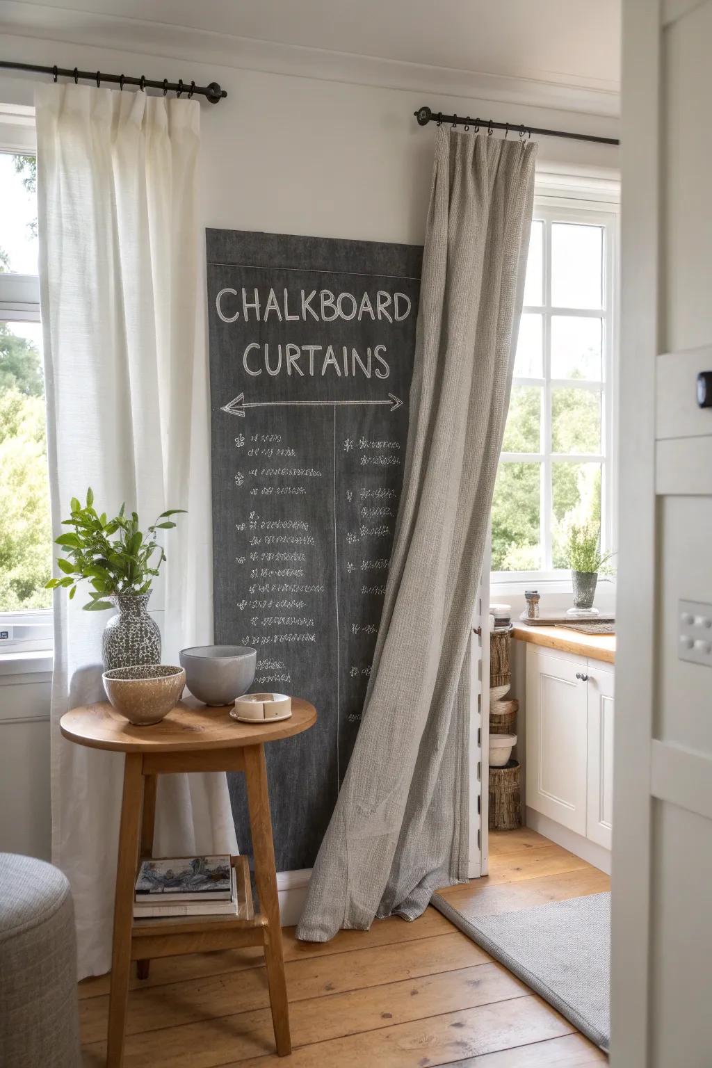 Unleash creativity with chalkboard curtains, perfect for jotting recipes or fun messages. 🖍️ #ChalkboardDecor #CreativeSpaces #KitchenInspo