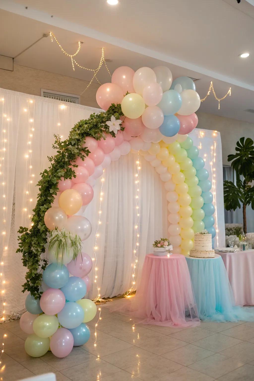 Create a magical entrance with a pastel balloon arch that welcomes your guests in style. #BabyShowerDecor #BalloonArch
