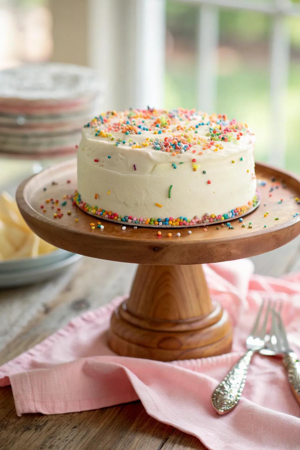 This classic vanilla sprinkle cake adds a burst of color to any celebration. #BakingJoy #SprinkleCake