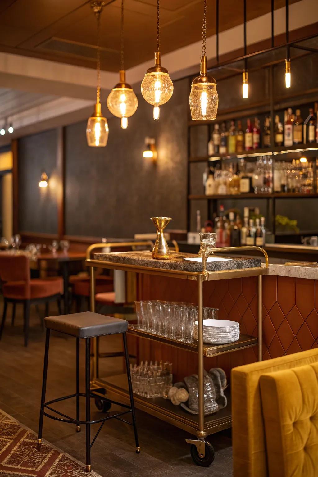 Warm pendant lights add a touch of intimacy to any bar space.