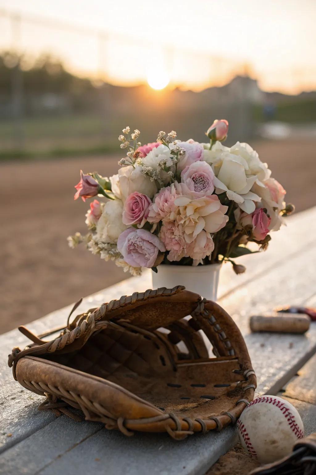 A vintage baseball glove filled with soft blooms adds a touch of nostalgia to your table setting. #DecorInspiration #BabyShower