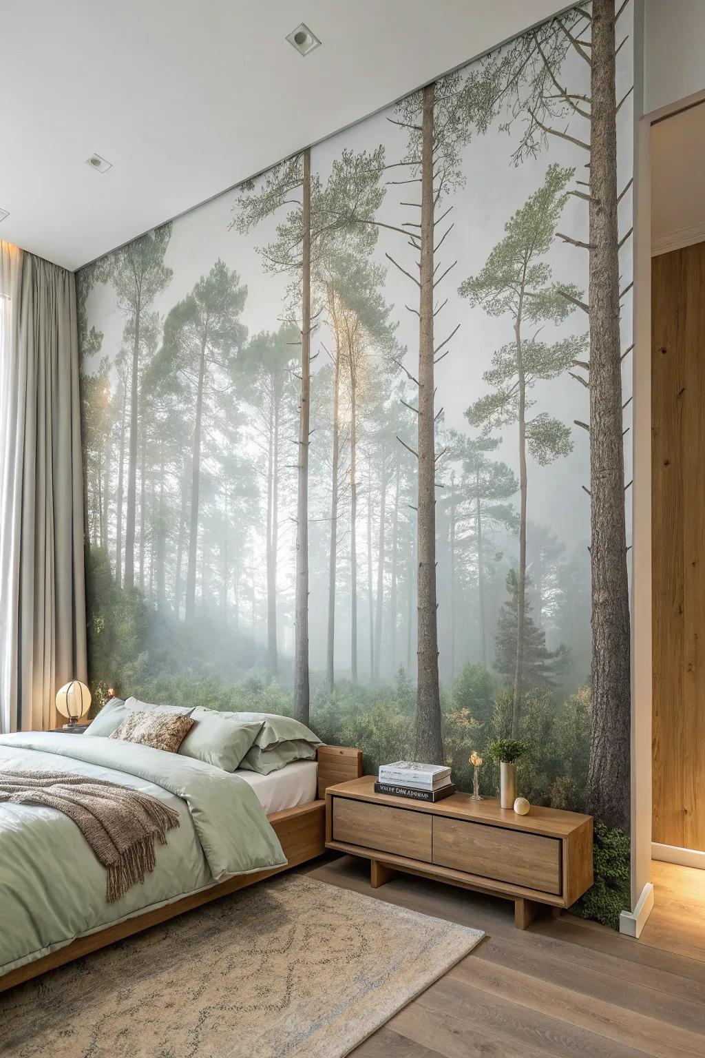 Immerse yourself in nature's embrace with a forest mural that transforms your bedroom into a serene retreat.