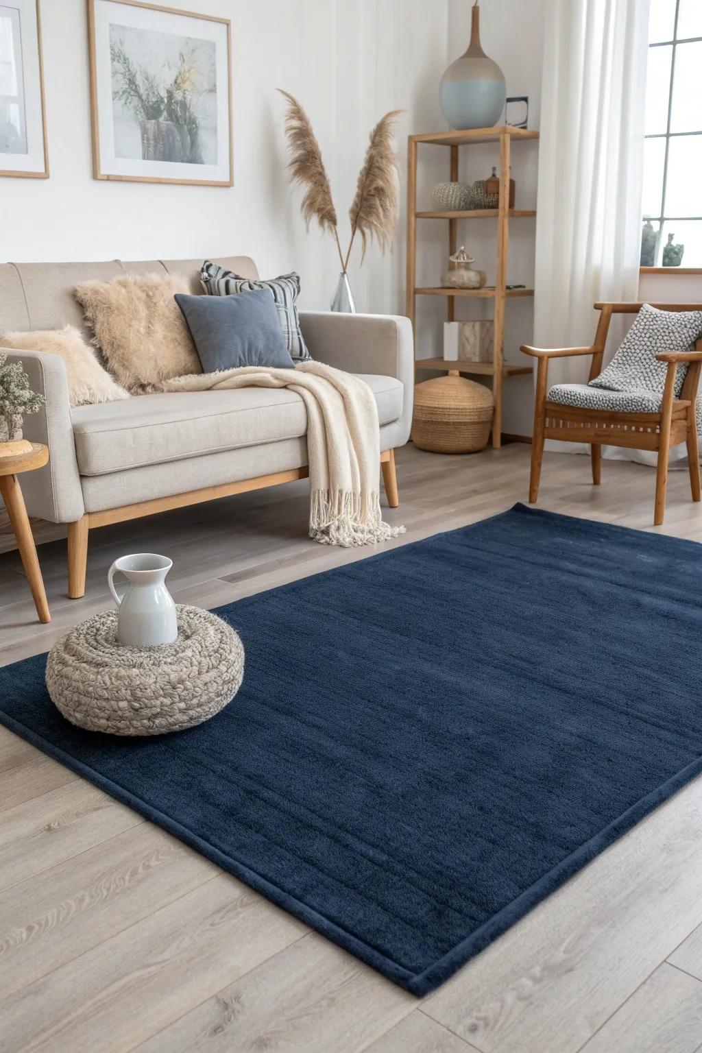 A navy blue rug adds a touch of classic elegance, perfectly grounding a serene living space.
