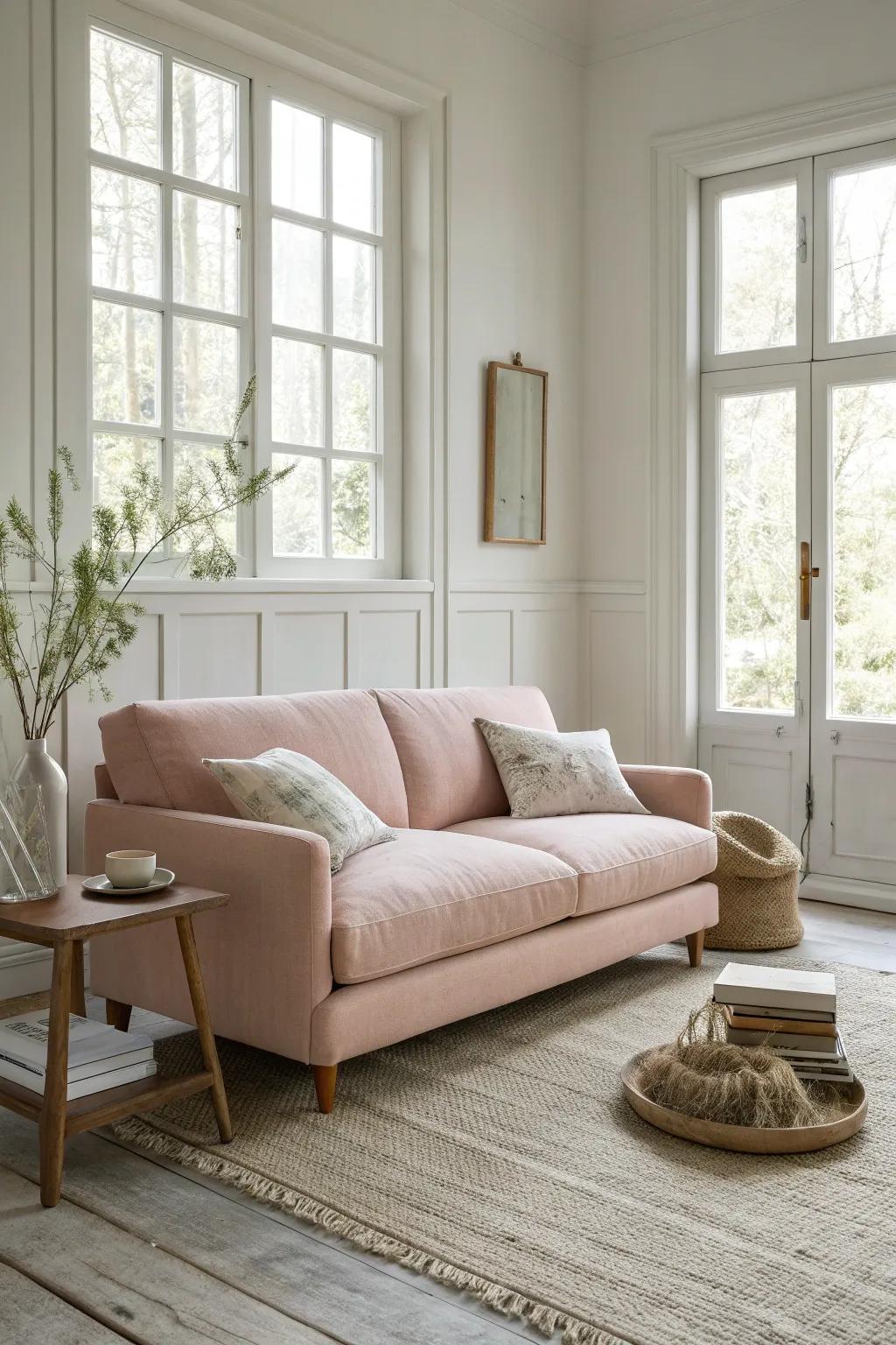 Simplicity meets sophistication with a blush couch in a minimalist setting.