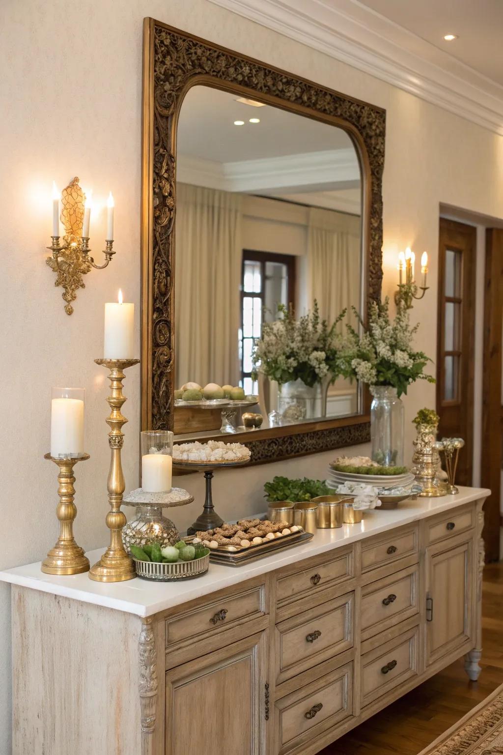 Add depth and elegance with a stunning mirror above your buffet table. #HomeDecor #InteriorDesign