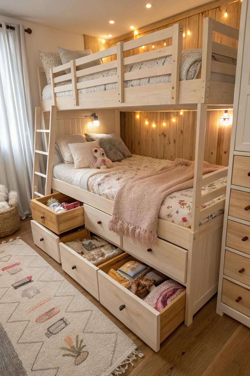Maximize space with bunk beds featuring sleek built-in drawers for a clutter-free room.