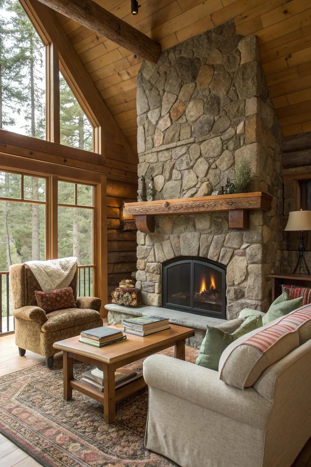 Step into a world of rustic elegance with natural wood and stone elements.