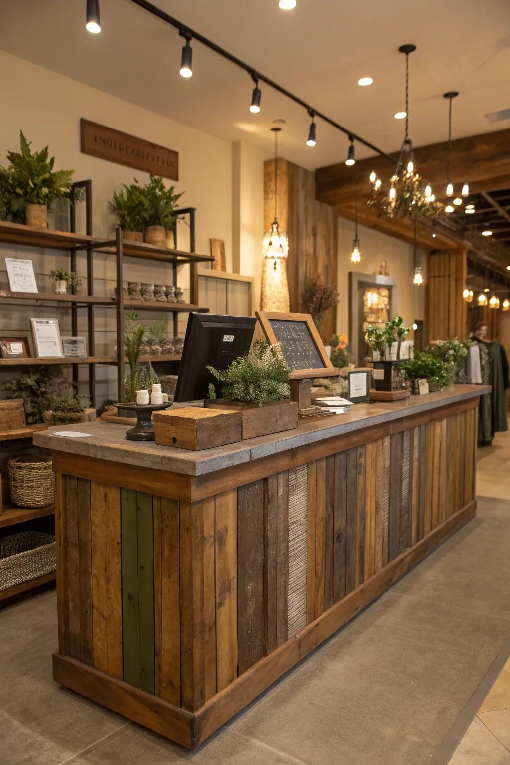 Embrace the beauty of nature with a rustic charm cash wrap counter made from reclaimed wood.