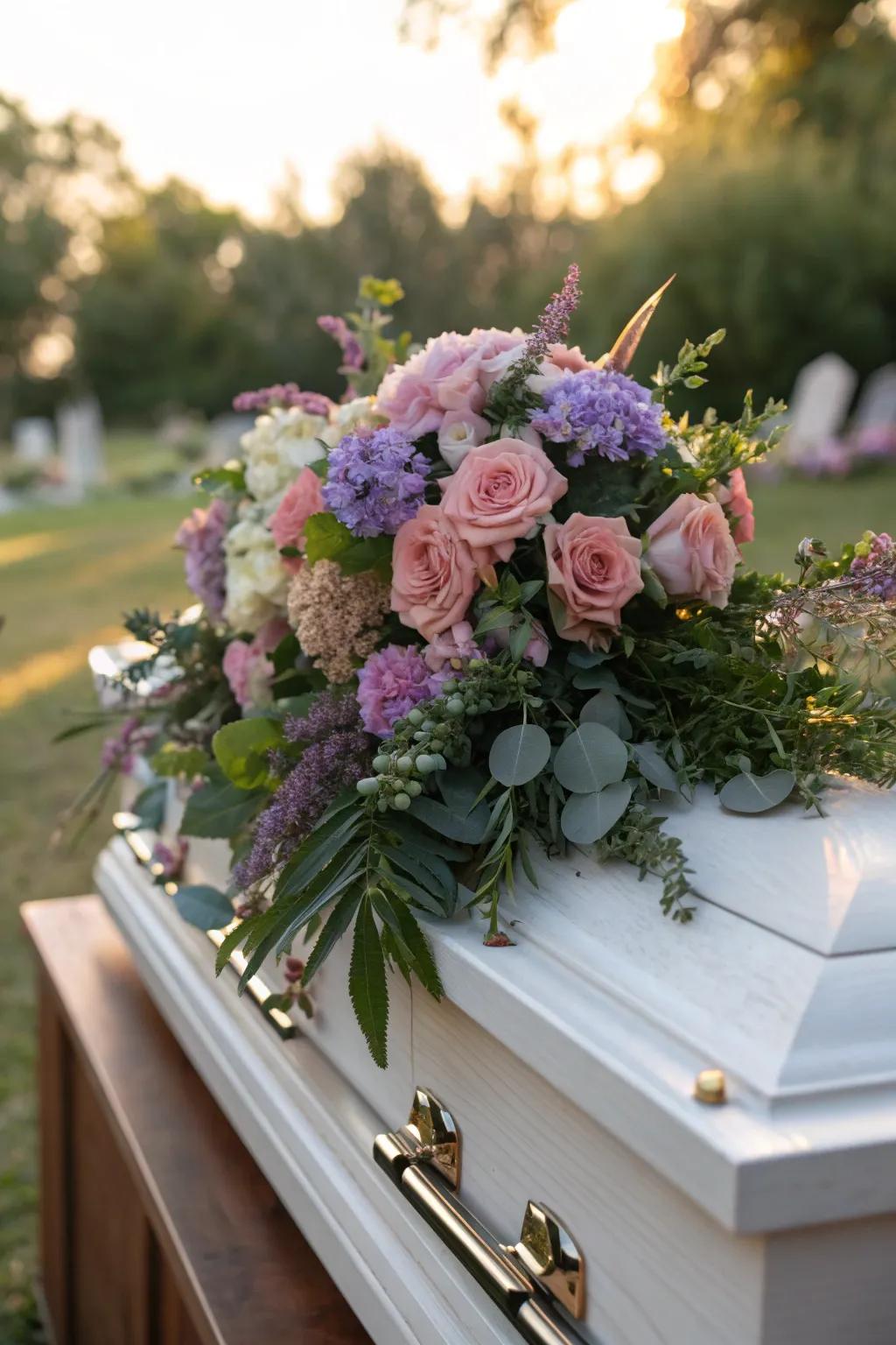A vibrant floral spray beautifully adorns a casket, offering a timeless tribute of love and remembrance.