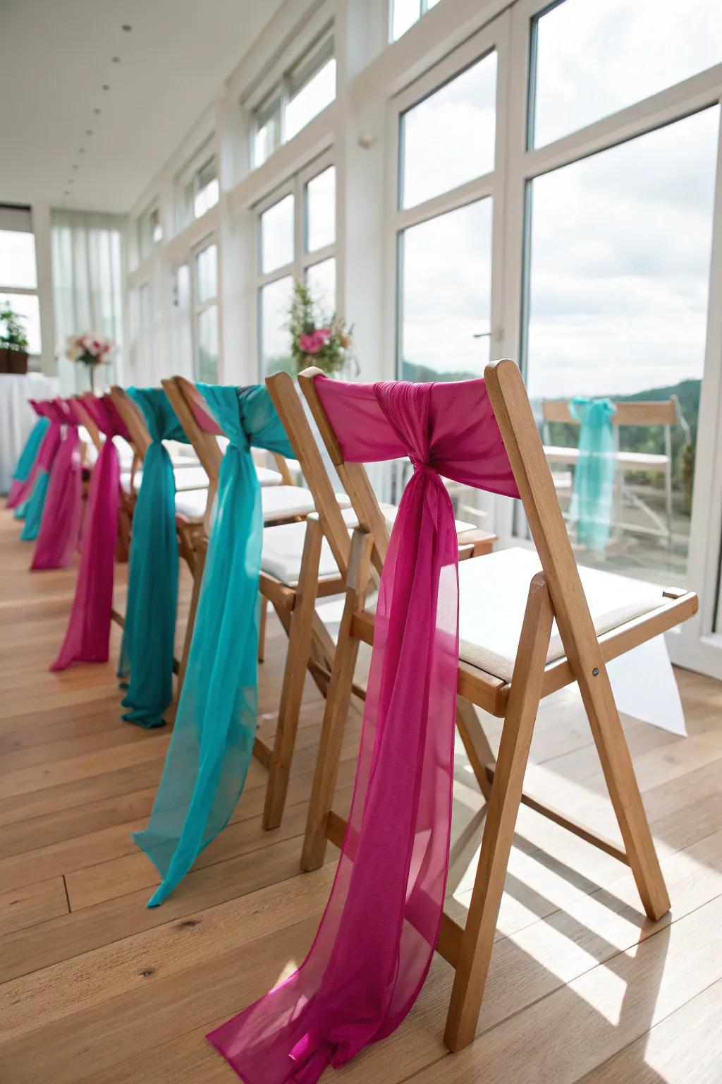 Add a splash of color with vibrant sashes that make your chairs pop! Perfect for any festive occasion.