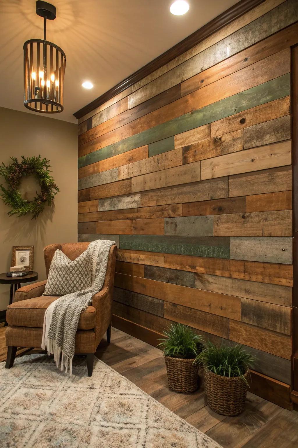 Bring warmth and charm into your home with reclaimed wooden panels. #RusticCharm #WallMakeover