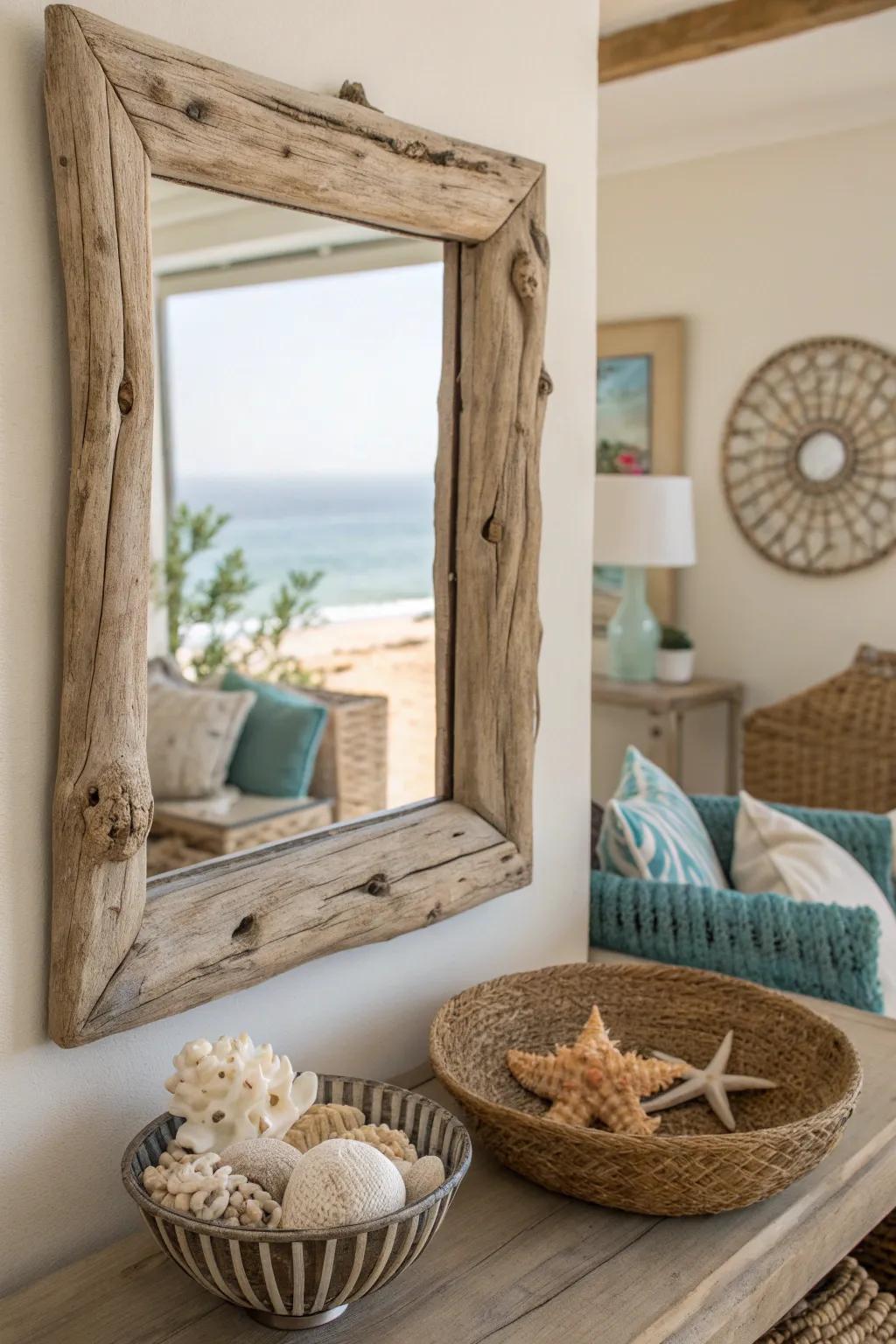 Let the natural beauty of driftwood frames weave a narrative of the ocean in your home.